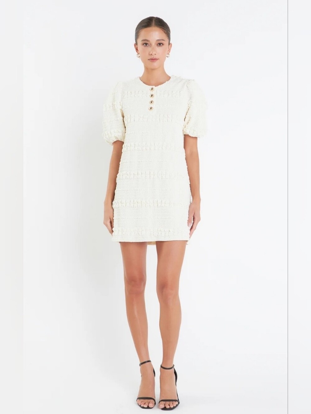 English Factory Cream Textured Puff-Sleeve Mini Dress with Button Detail